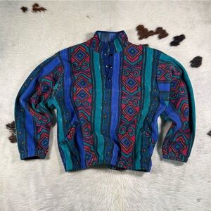 Vintage 90s Geometric Fleece Pullover – Colorful Patterned Cozy Sweater